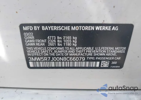 2022 BMW 330I xDrive из США, поврежденный, VIN 3MW5R7J00N8C66079